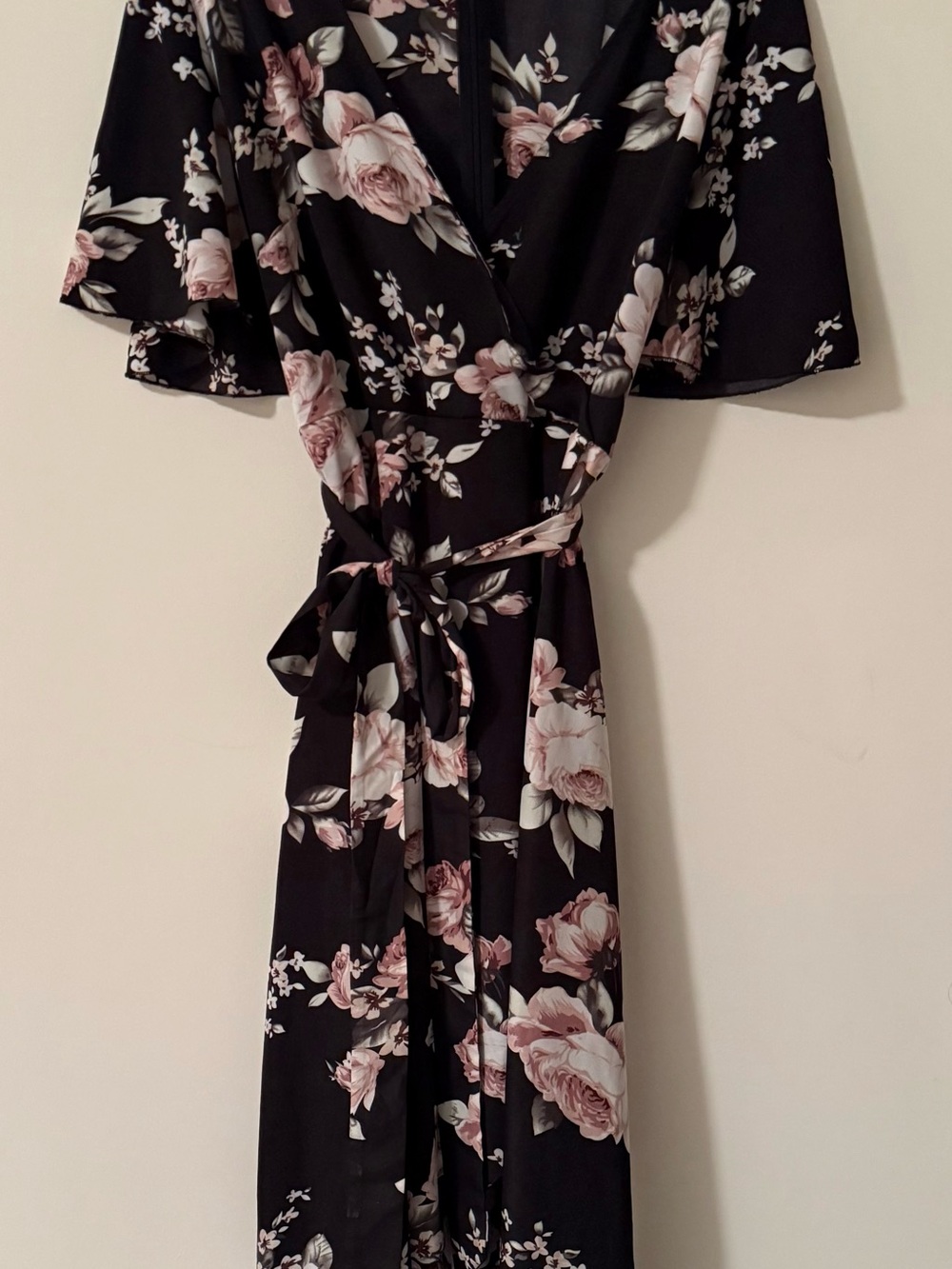 Floral Wrap Maxi Dress - Black with Blush Pink Roses